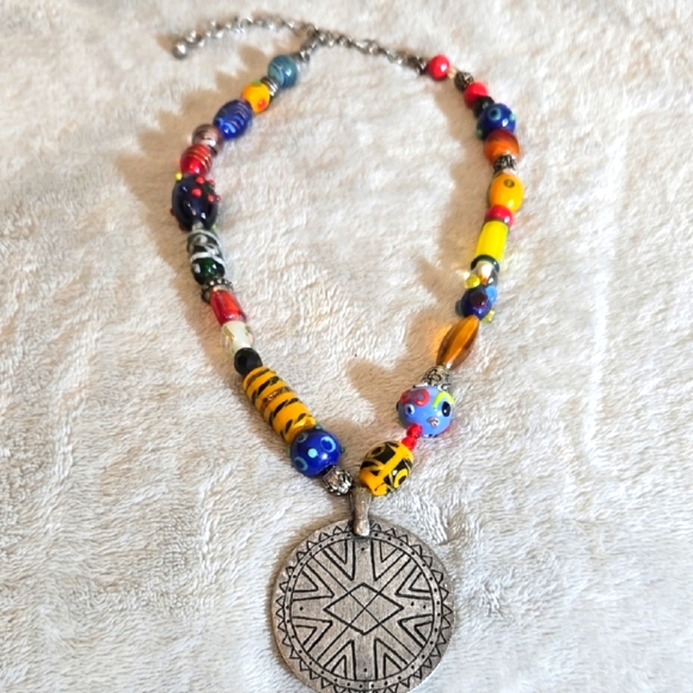 #245 CHICO'S Multicolor Beaded Necklace with Silver Pendant - Picture 2 of 6